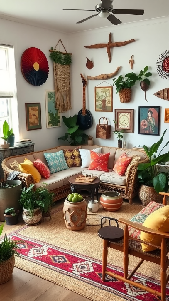 A cozy boho coastal living room featuring a rattan sofa with colorful cushions, plants, and eclectic wall art.