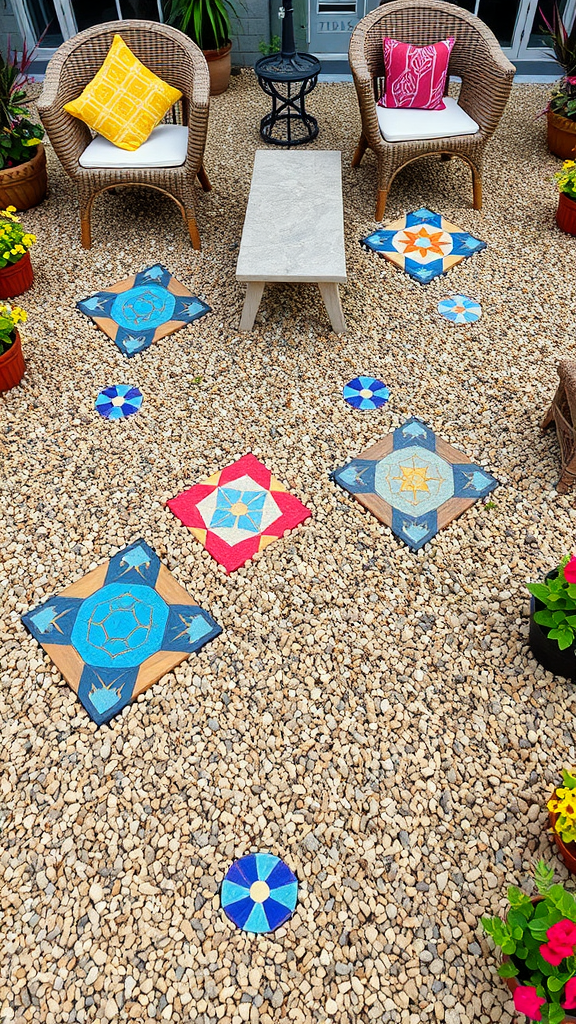 A gravel patio featuring colorful mosaic tiles, two wicker chairs with pillows, a small table, and flower pots