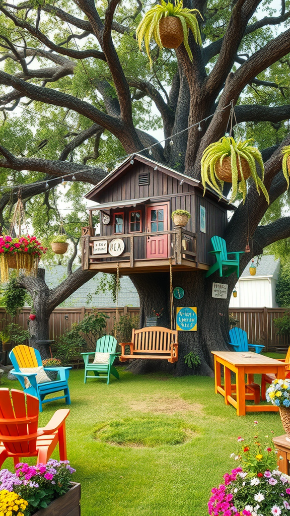 A colorful hippie garden featuring a treehouse, surrounded by bright flowers and seating areas.