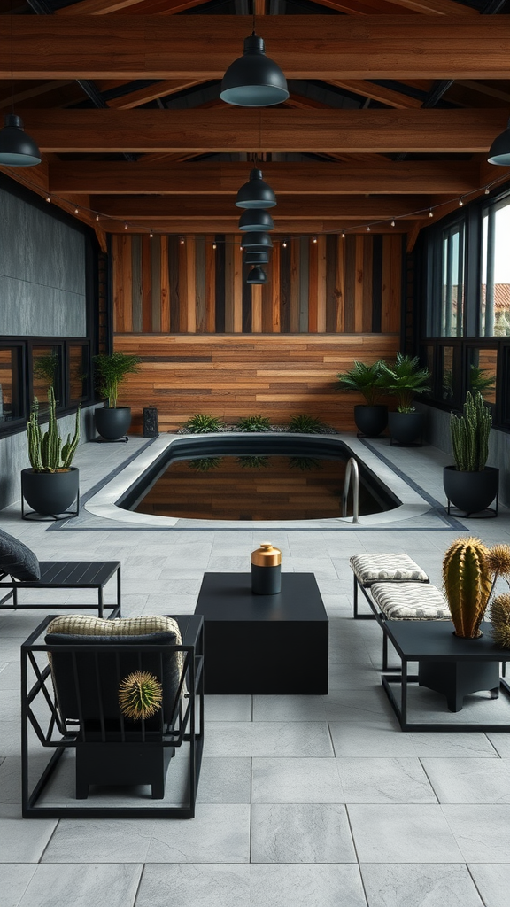 Stylish industrial loft pool deck with modern furniture and plants