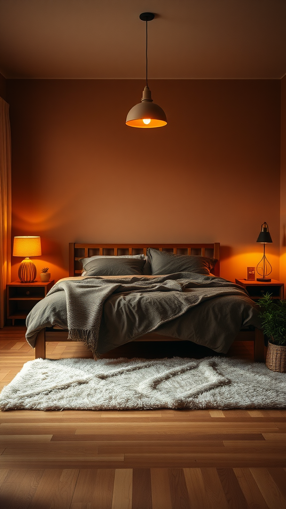 A cozy Japandi style bedroom featuring warm lighting, soft textiles, and natural elements.