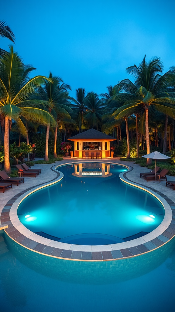 An elegantly designed luxury resort pool surrounded by palm trees and a bar, illuminated at dusk.