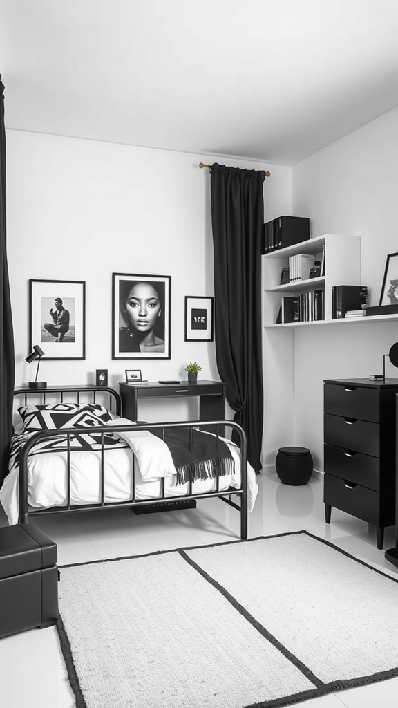 A monochrome dorm room featuring black and white decor with a bed, desk, and art on the walls.