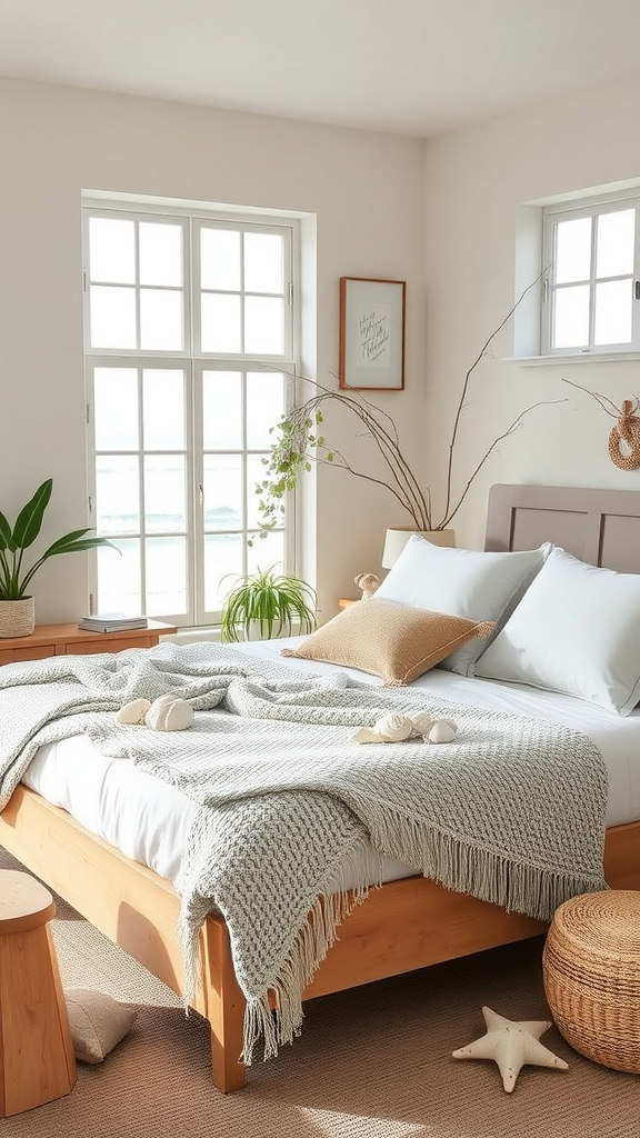 A soft neutral boho coastal bedroom with natural light, wooden bed, and decorative shells.