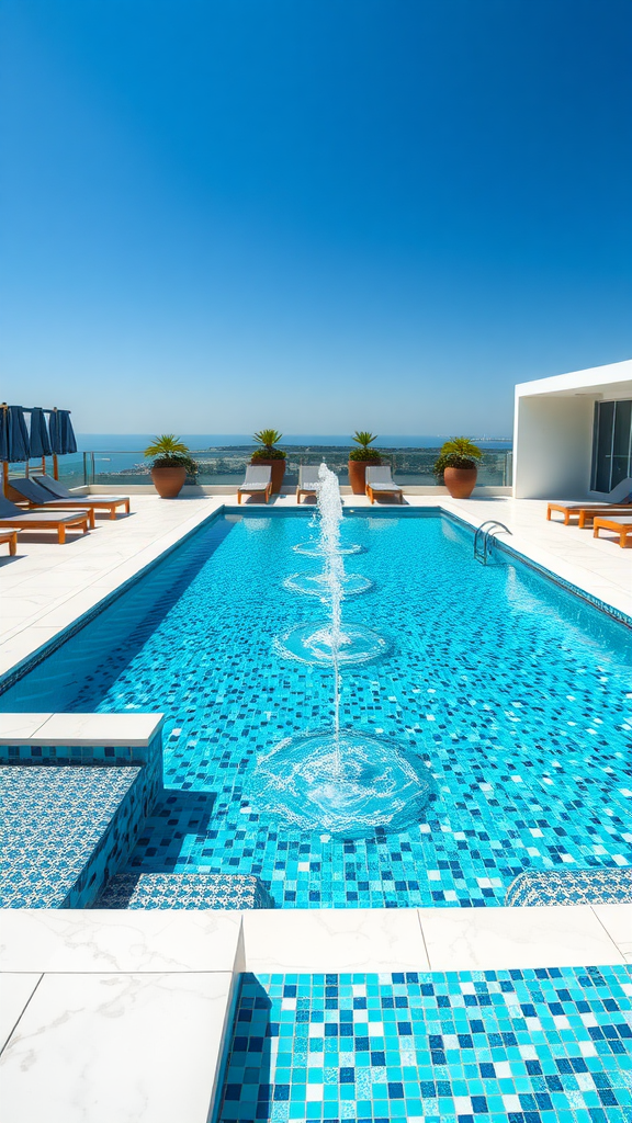 A beautiful tiled pool with water jets, surrounded by lounge chairs and potted plants, under a clear blue sky.