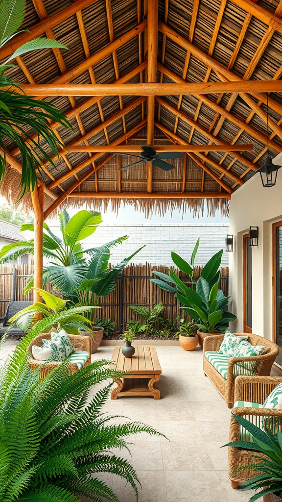 A tropical bamboo patio roof extension with lush greenery, comfortable wicker seating, and a wooden coffee table.