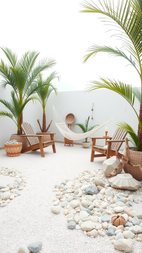 Beach-inspired gravel patio with palm trees, a hammock, and decorative stones.