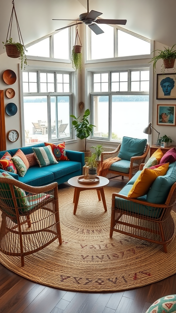 A bright and colorful bohemian-style living room with turquoise sofas, a round coffee table, and large windows overlooking a lake.