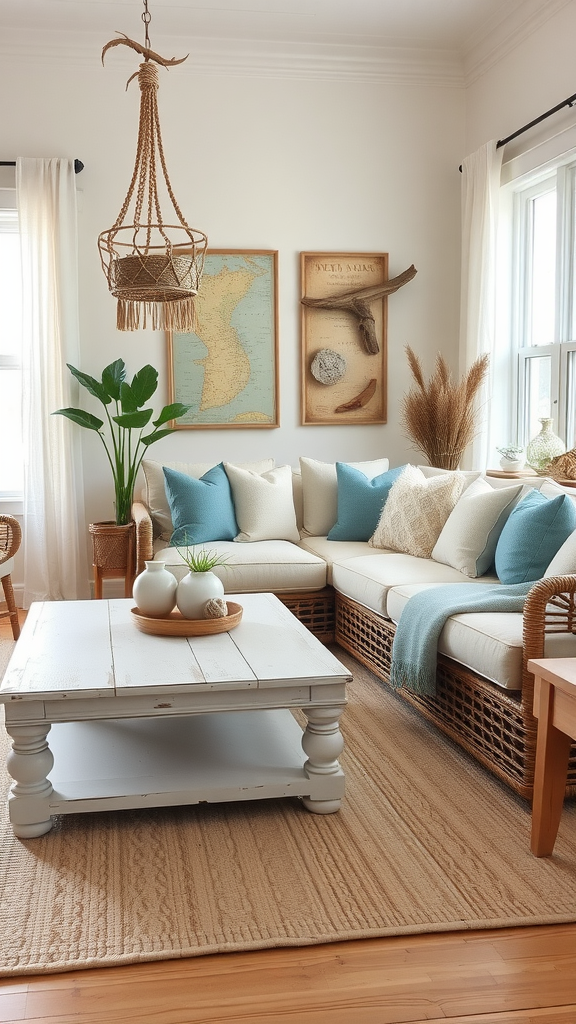 A cozy boho coastal living room featuring a sectional sofa with blue pillows, a woven coffee table, and natural decor elements.