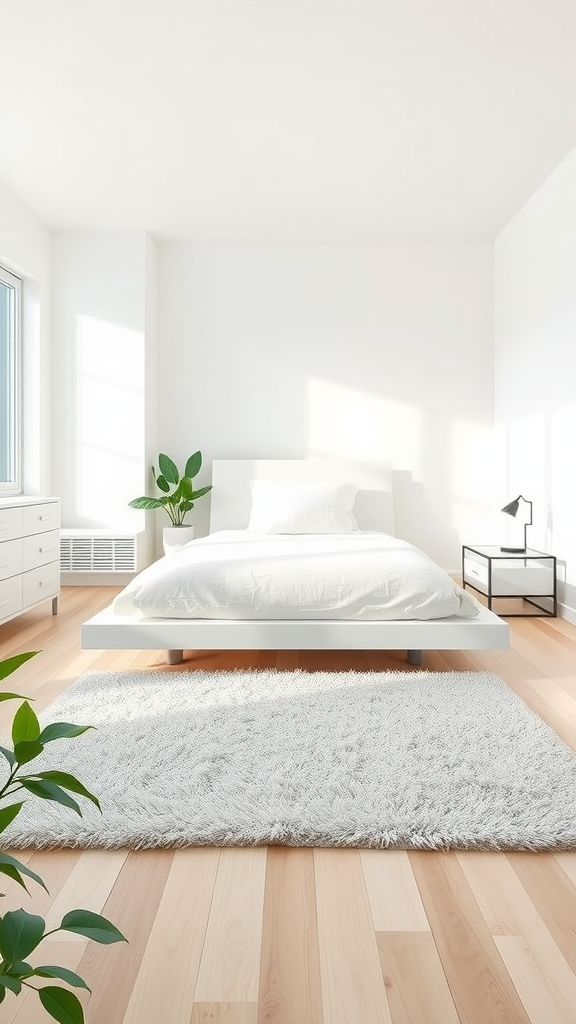 Bright and airy contemporary bedroom with white bedding, large windows, and a touch of greenery