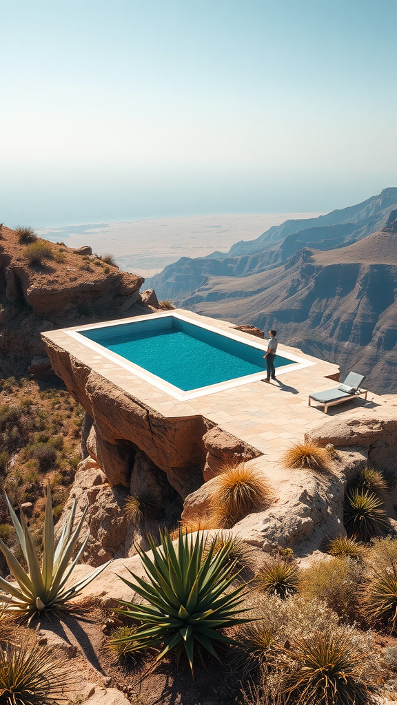 A stunning cliffside pool overlooking mountains and valleys.