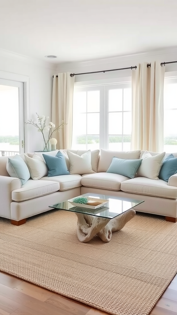 A cozy coastal living room with a sectional sofa, blue and white cushions, a driftwood coffee table, and large windows.