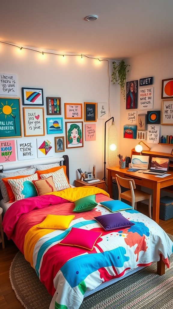 A cozy dorm room featuring a colorful bedspread, vibrant wall art, string lights, and a desk.