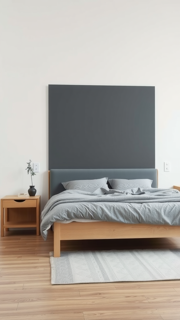 A minimalist Japandi bedroom featuring a gray upholstered bed, wooden nightstand, and soft bedding.