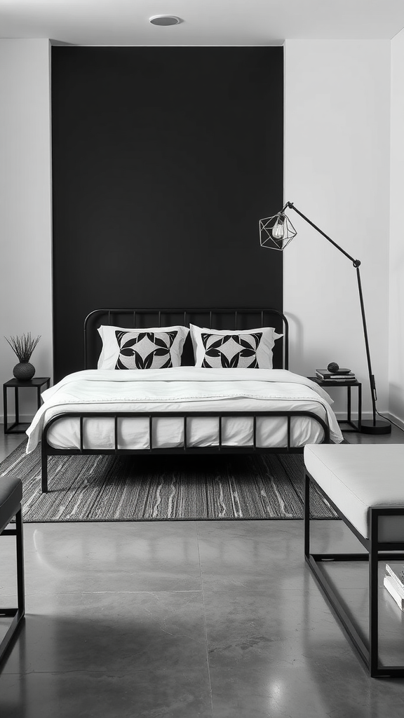 A modern bedroom featuring a monochrome design with a black wall, a metal bed frame, and geometric patterned pillows.