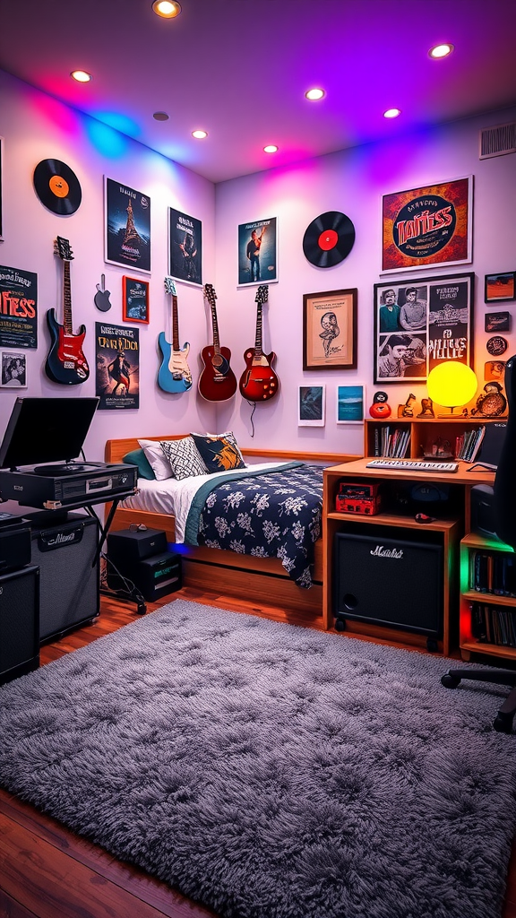 A music lover's dorm room with guitars, records, colorful lights, and a cozy bed