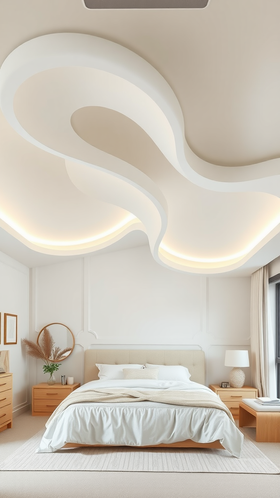 A bedroom featuring an organic flow ceiling design with smooth curves and integrated lighting.