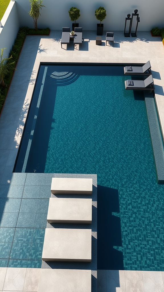 Modern pool with floating concrete steps and lounge chairs