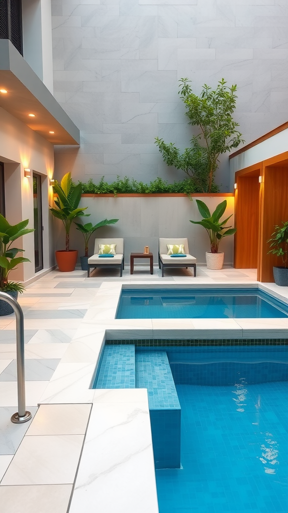 A modern small pool with decking and a hot tub, surrounded by plants and lounge chairs.