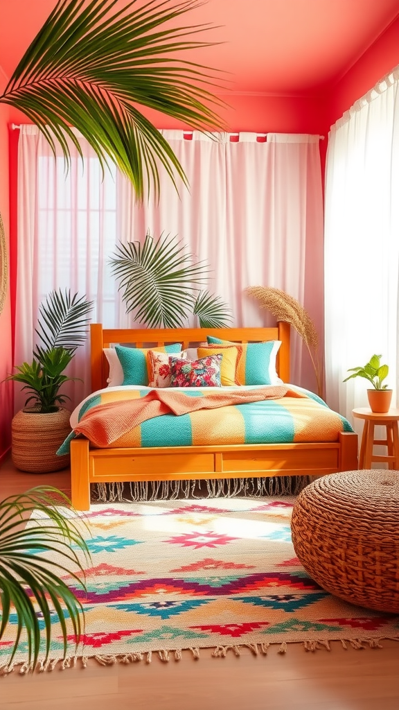 A vibrant boho coastal bedroom with bright coral walls, a colorful bedspread, and lush plants.