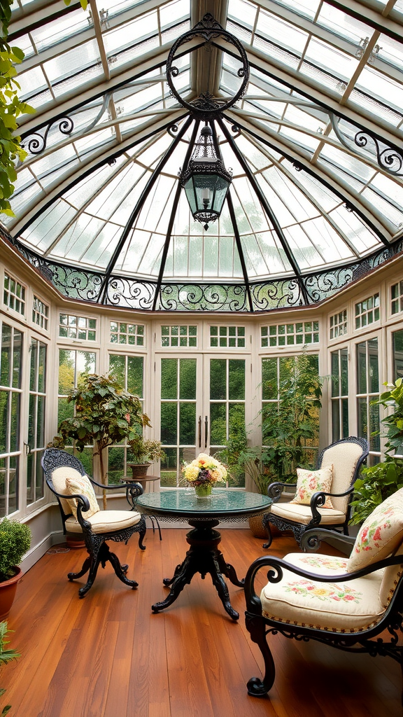 Interior view of a Victorian conservatory with a glass roof, elegant seating, and plants.