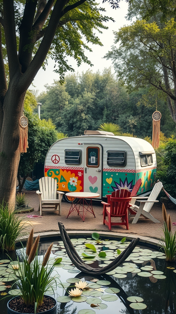 A vintage caravan surrounded by greenery, featuring colorful patterns, adirondack chairs, and a serene pond with lily pads.