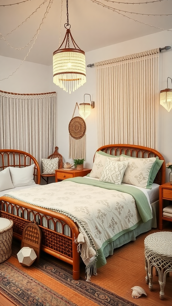 Boho coastal bedroom featuring wooden furniture, beaded light fixtures, and soft pastel bedding.