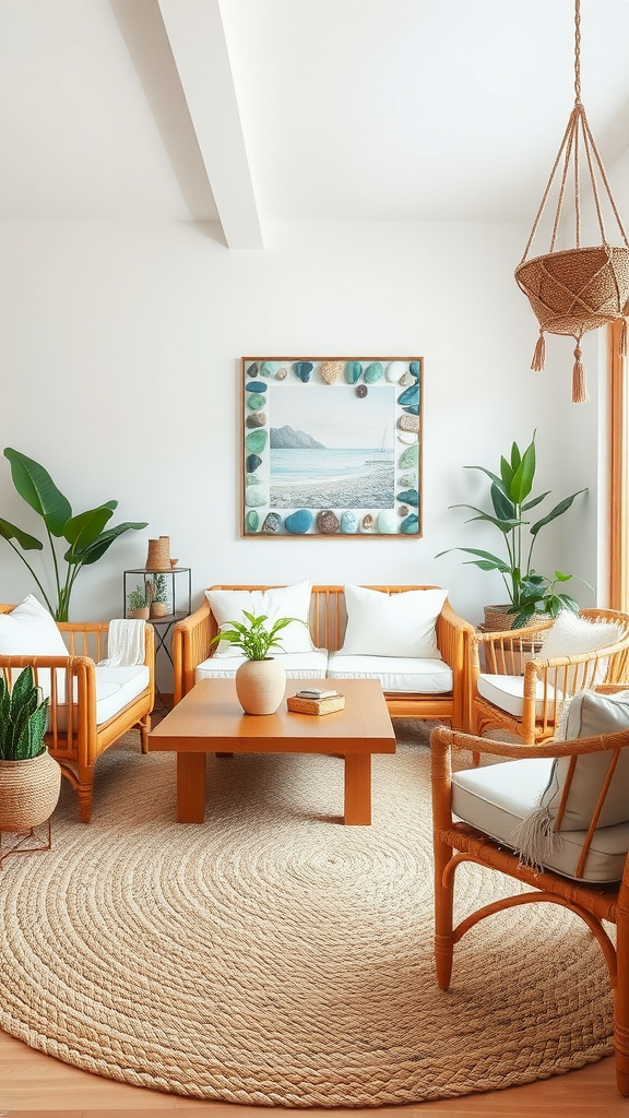 A cozy boho coastal living room featuring wood and rattan furniture, a round jute rug, and green plants.