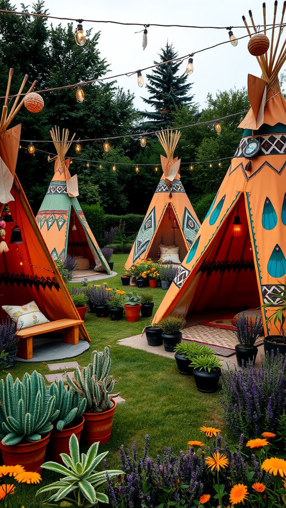 Colorful tepees in a boho garden surrounded by potted plants and flowers