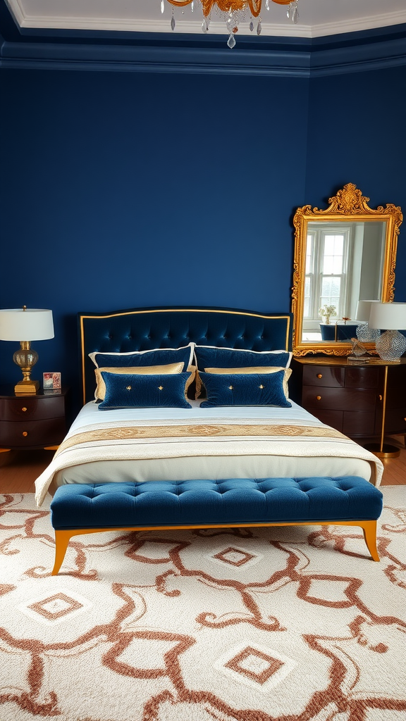 Chic luxury bedroom featuring deep blue walls, a plush bed with golden accents, and an ornate chandelier.