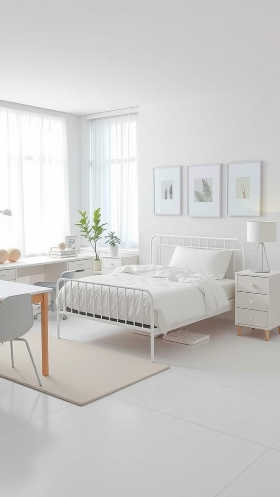 Bright white dorm room with minimalist furniture and decor