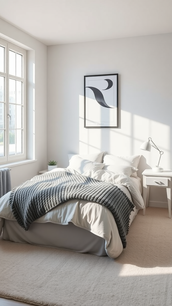 A cozy light gray dorm room with a bed, textured blanket, and natural light from a large window