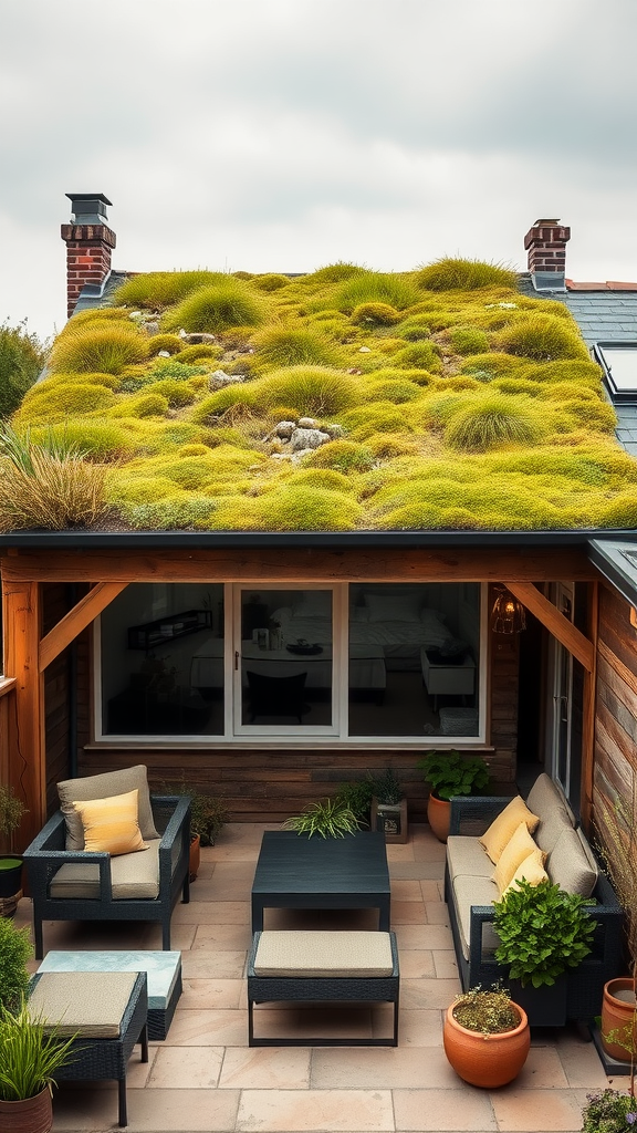 A patio with a green roof extension covered in lush greenery, with comfortable seating below.