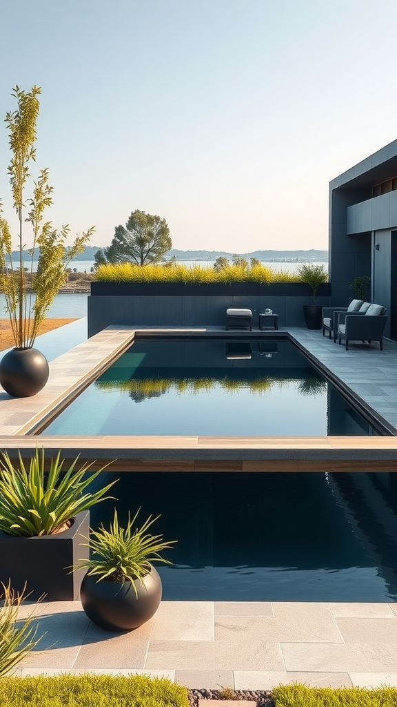 A modern floating pool surrounded by greenery and elegant furniture, overlooking a serene lake.