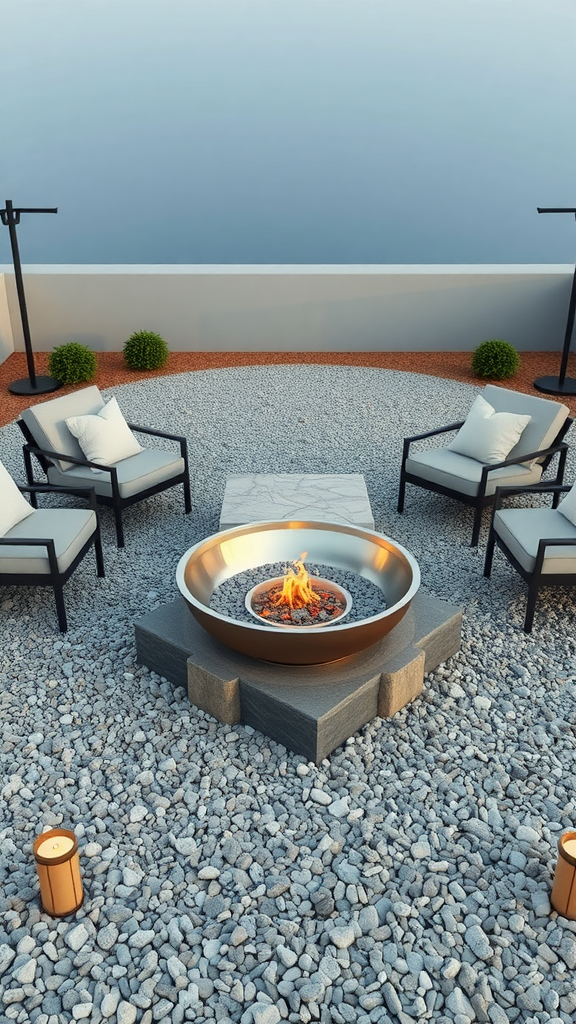 Gravel patio featuring a fire bowl and lounge area with chairs and decorative plants