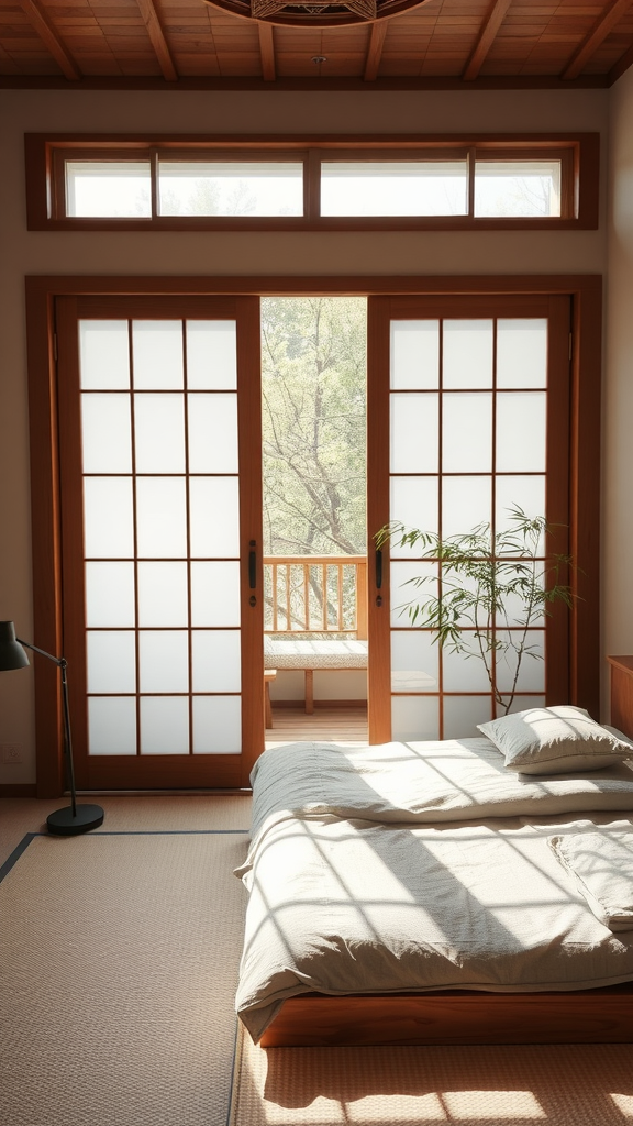 Japandi bedroom featuring Japanese sliding doors, a low bed, and natural light.