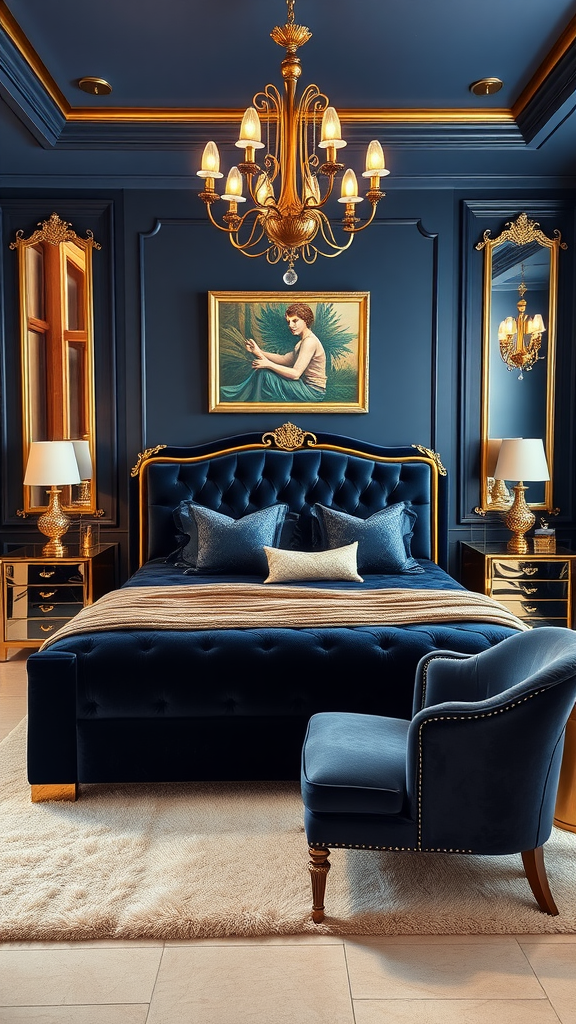 Luxurious bedroom featuring velvet textures, gold accents, and elegant decor.