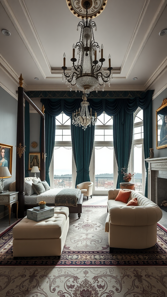 Luxurious lake house bedroom suite featuring plush furnishings, a chandelier, and lake views.