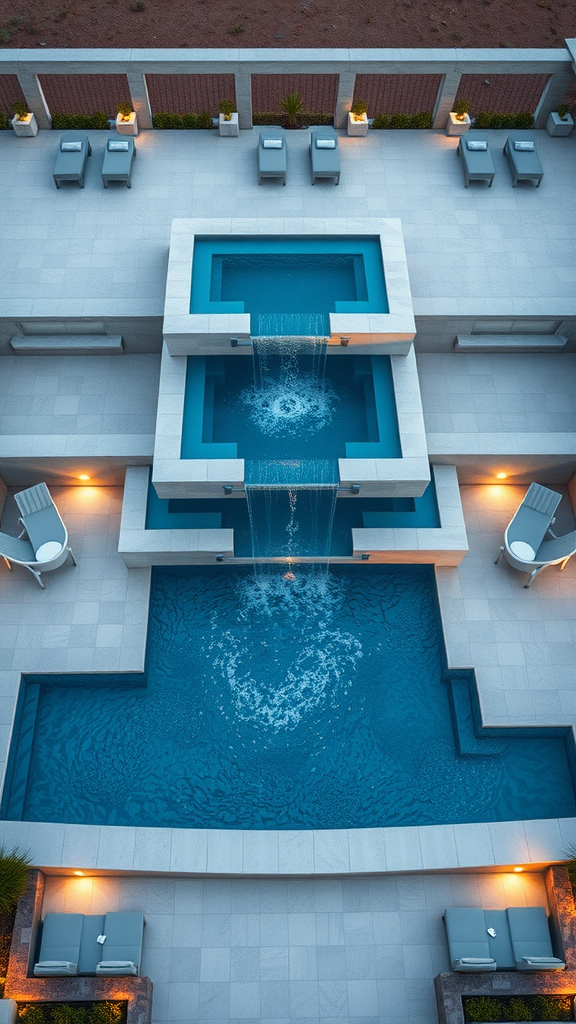 Aerial view of a multi-level swimming pool with a waterfall, surrounded by lounge chairs and modern landscaping.