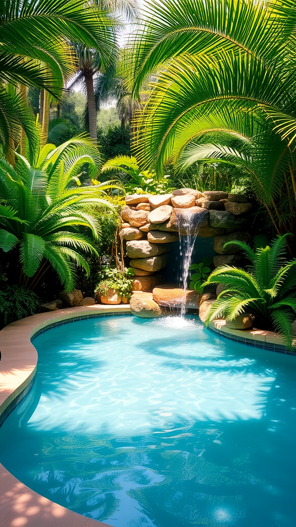 A beautifully designed pool with a tropical waterfall surrounded by lush greenery.