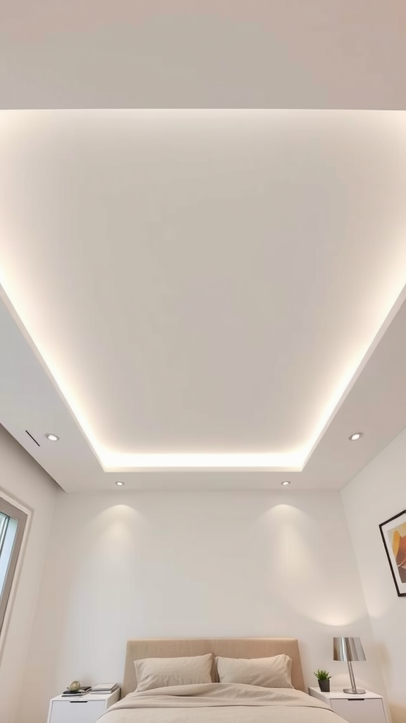 A modern bedroom featuring a raised corner ceiling design with soft recessed lighting.