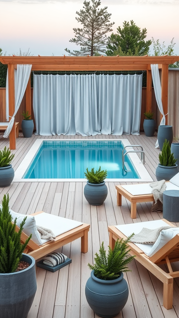 Scandinavian hygge-inspired pool deck with wooden deck, lounge chairs, potted plants, and curtain-covered area.