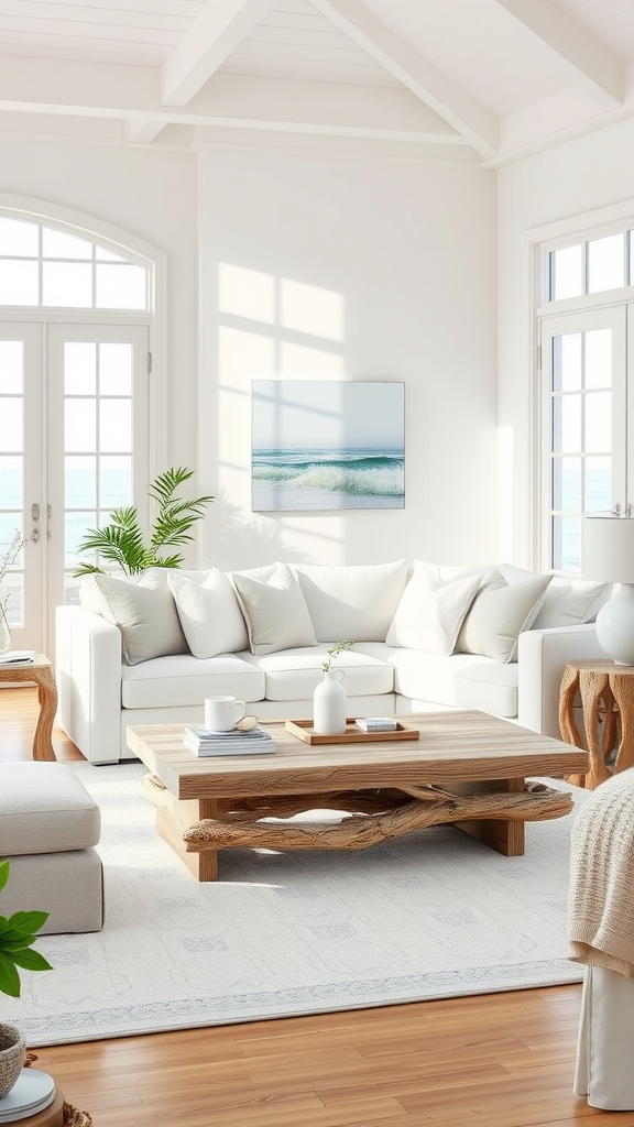 Bright coastal living room with large windows, white sofa, and natural wood coffee table