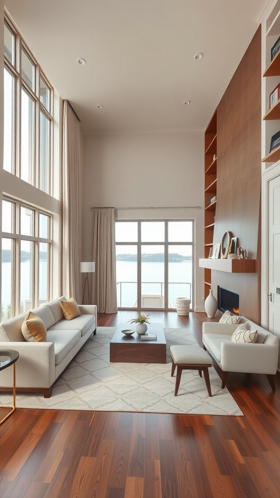 A spacious living room with large windows overlooking a lake, featuring modern furniture and warm wood accents.