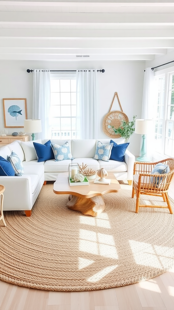 A bright and airy coastal boho living room featuring a white sofa with blue and white accent pillows, a wooden coffee table, and a woven rug.