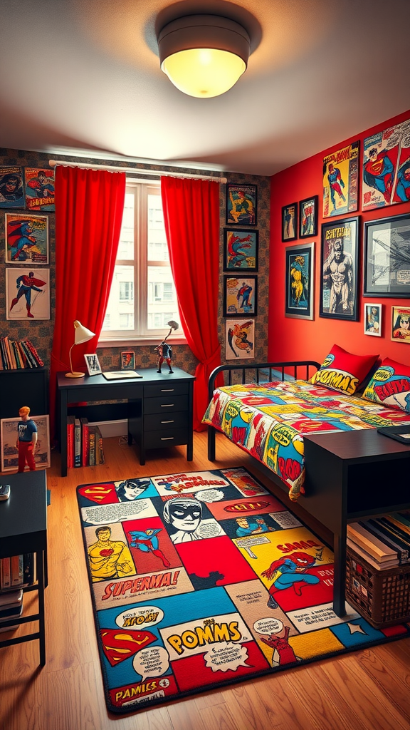 A comic book themed dorm room featuring colorful posters, a vibrant bedspread, and an eye-catching rug.