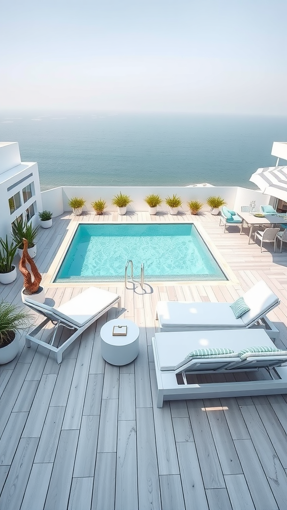 A contemporary coastal pool deck featuring a swimming pool, lounge chairs, and a view of the ocean.