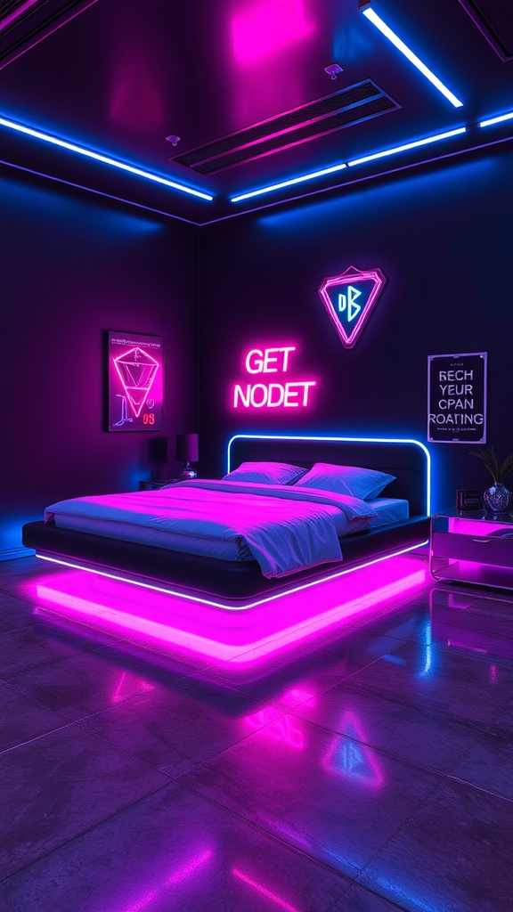 A futuristic bedroom featuring neon lights in pink and blue, with a sleek bed and neon wall art.