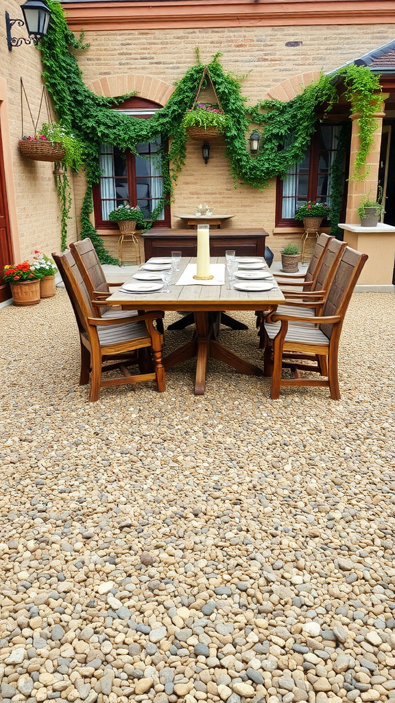 A gravel patio with a wooden dining table and chairs, surrounded by greenery.