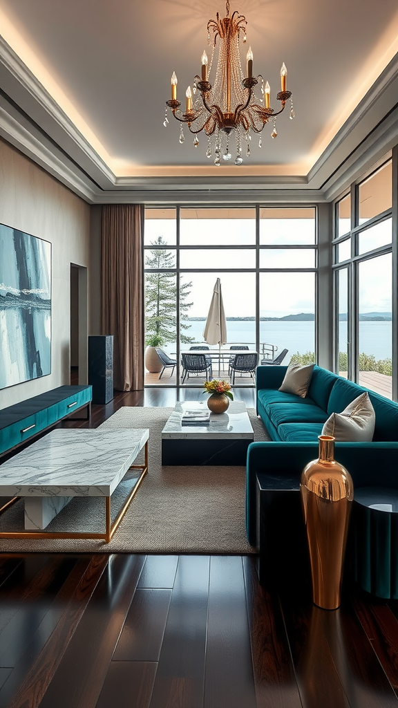 A high-end living room with a view of the lake, featuring a teal sofa, marble coffee table, and elegant chandelier.